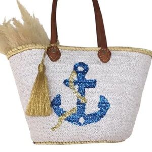 Handmade Moroccan Sequin Anchor Beach Tote Basket Bag